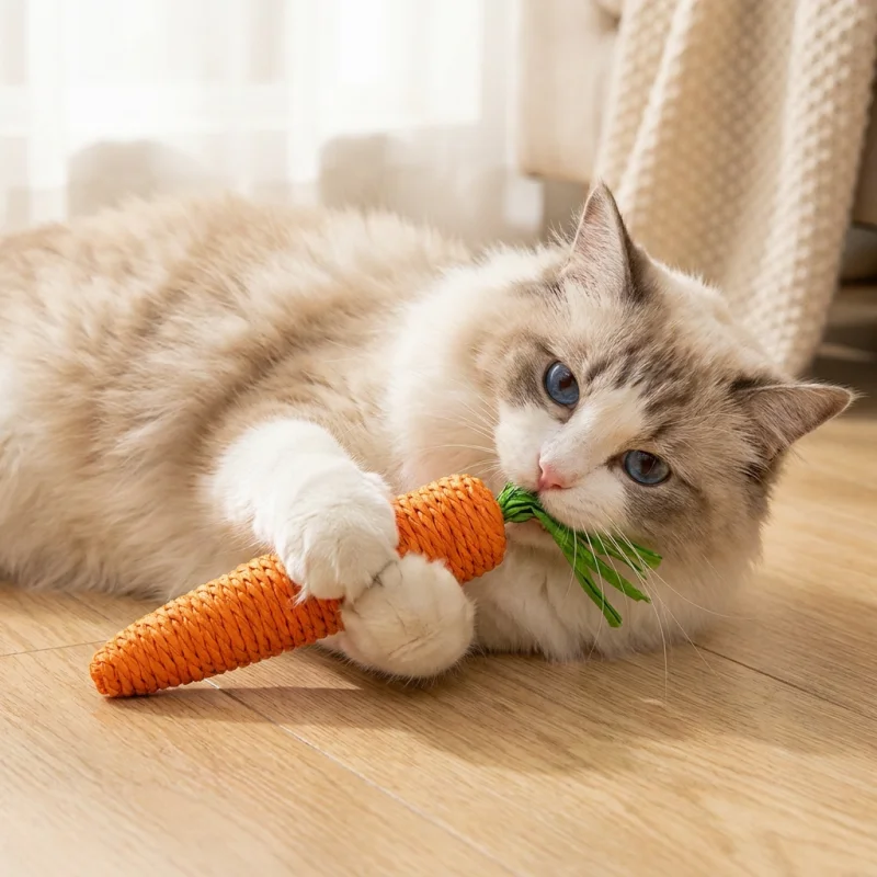 Interactive Kitten Teething Chew Toy Sound Carrot Stuffed Anti-Scratch Cat Scratching Board Pet Entertainment