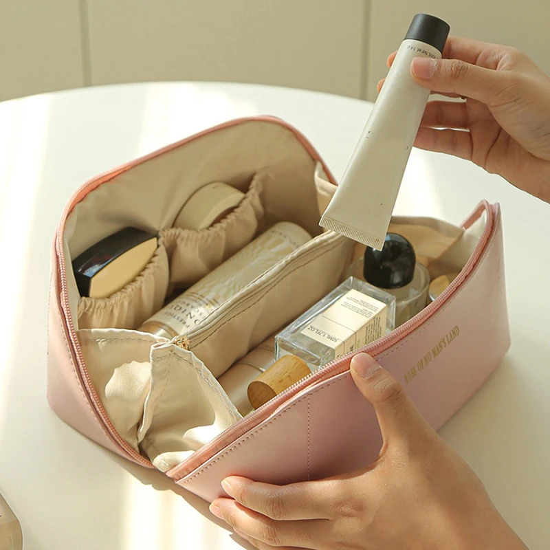 Bolsas de cosméticos de cuero PU para mujer, bolsa de maquillaje elegante, organizador de artículos de tocador de viaje, bolsa de almacenamiento, bolso de mano coreano