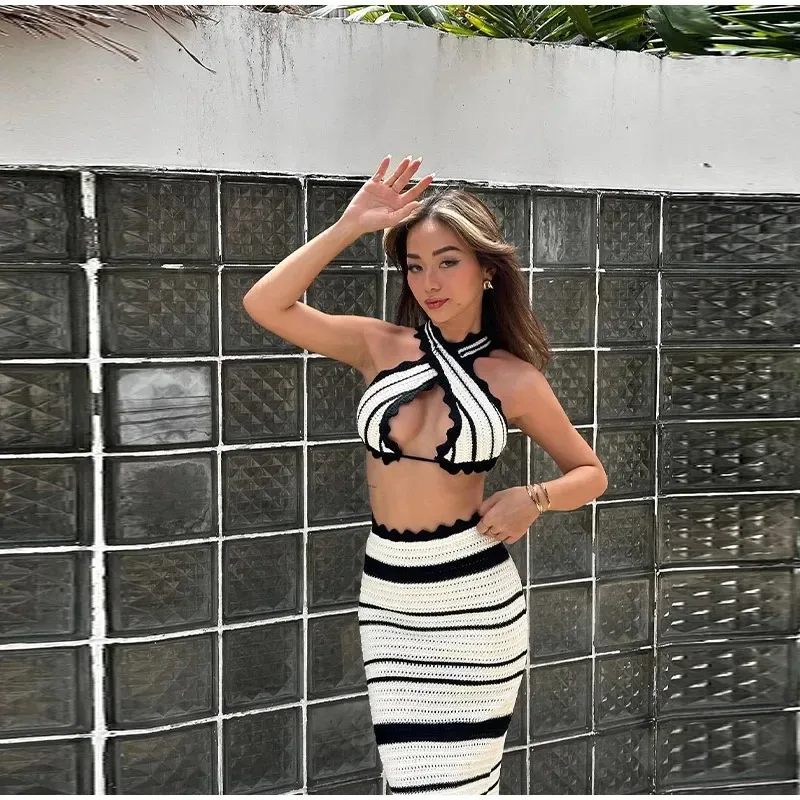 Ladies Summer Knitted Beach Skirt Sets Women Sexy Backless Slim Bohemian Outfits Striped Holiday Two Piece Set Beachwear Female