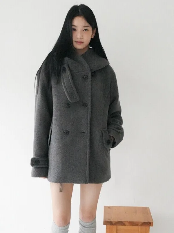 Chic Korean Style Woolen Coat with Hood Double Breasted Female Spring Autumn Winter Outerwear Street Snapshots Campus Scenery