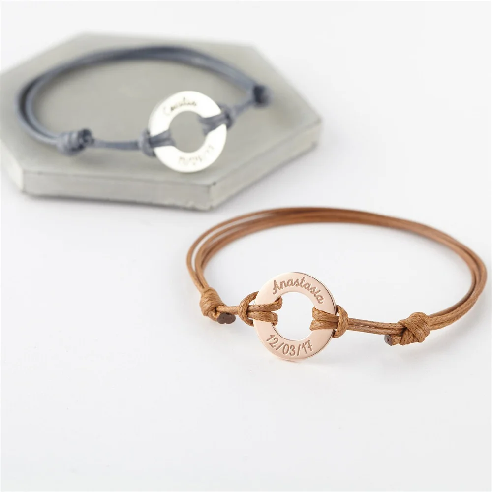 Custom Name Circle Stainless Steel Bracelet Personalized Rope Adjustable Bracelet for Women Girl Gifts