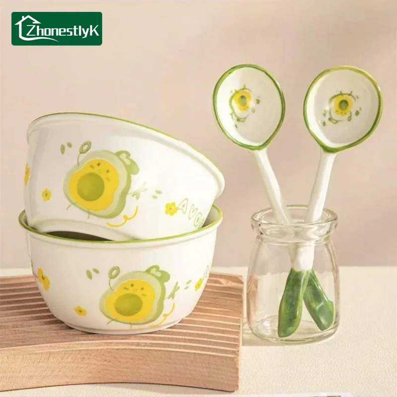 2 Set Cute Avocado Ceramic Bowl with Spoon Creative Kawaii Soup Bowl Home Kitchen Noodle Ramen Tableware Bowl