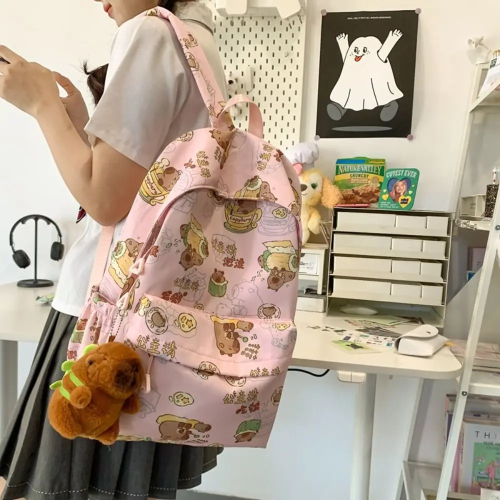 Large Capacity Capybara Backpack Korean Style Cartoon Capibara Shoulder Bag with Pendant Animal Capybara School Bag Student