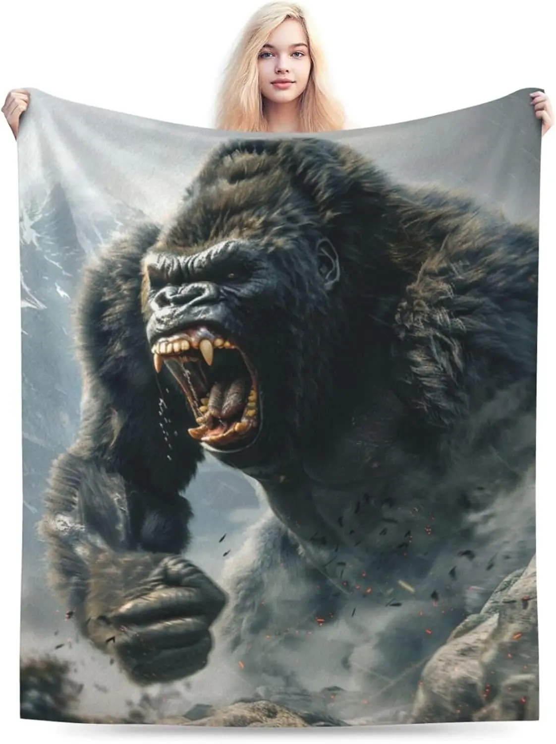 Large Jungle Gorilla Print Flannel Blanket Throw Cozy Safari Wildlife Art Home Decor Gift for Couch Bedside Accent