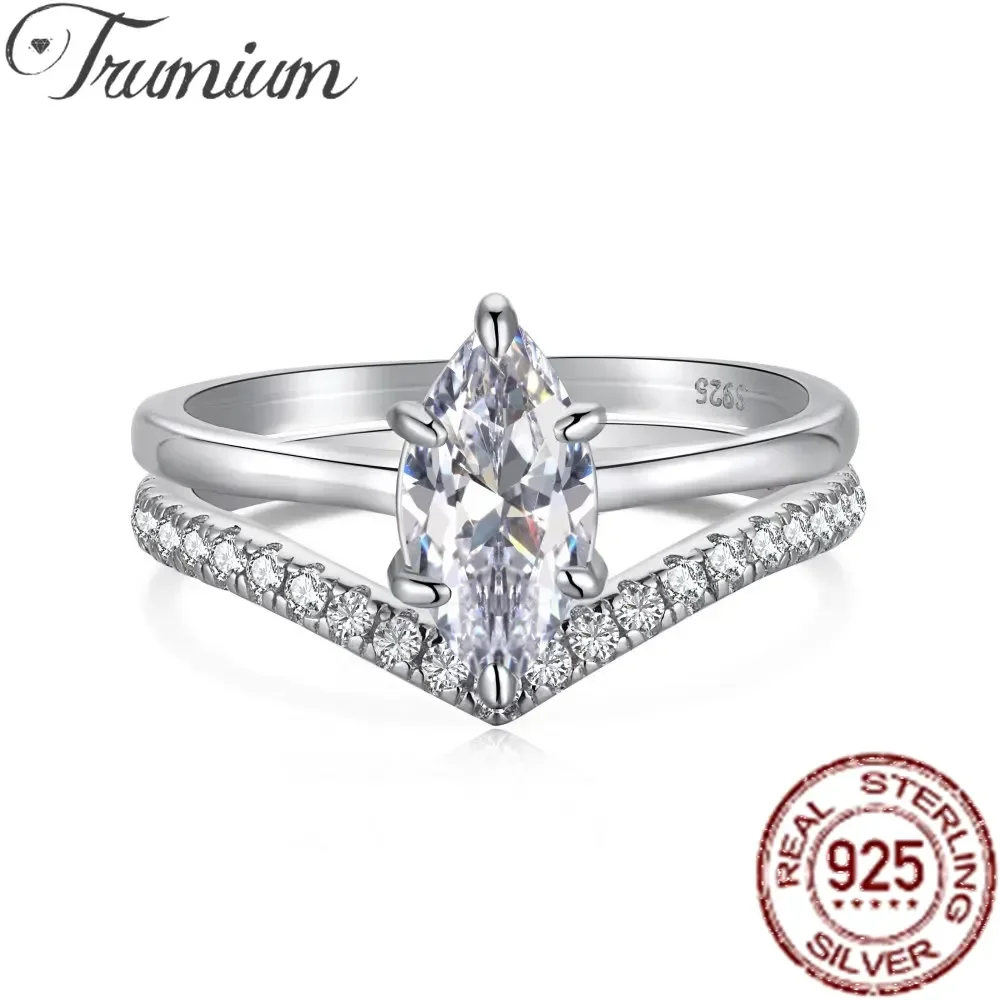 Trumium 2pcs S925 Sterling Silver Marquise Rings Set for Women Bridal Engagement Wedding Bands Luxury 5A Zircon Fine Jewelry