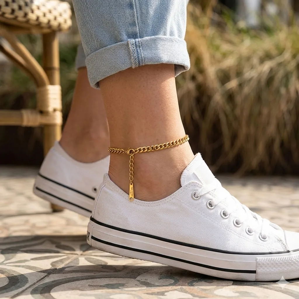Anti-Fade 14K vergoldetes kubanisches Fußkettchen, verstellbares Edelstahl-Fußkettchen 4mm, wasserdichter Schmuck für Damen