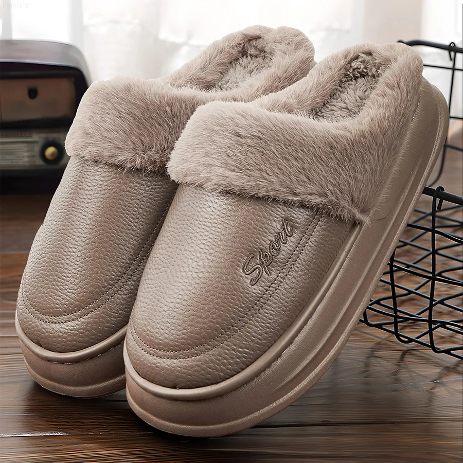 Men Living Room Slippers Indoor Platform Imitation Leather Memory Foam Warm House Shoes Plush Soft Non-slip Winter Eva Slippers