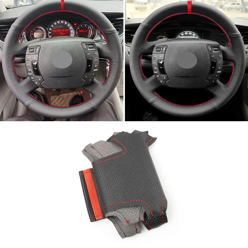 For Citroen C5 2008 2009 2010 2011 2012 2013 2014 2015 2016 2017 Car Steering Wheel Cover Perforated Leather Trim Red line strip