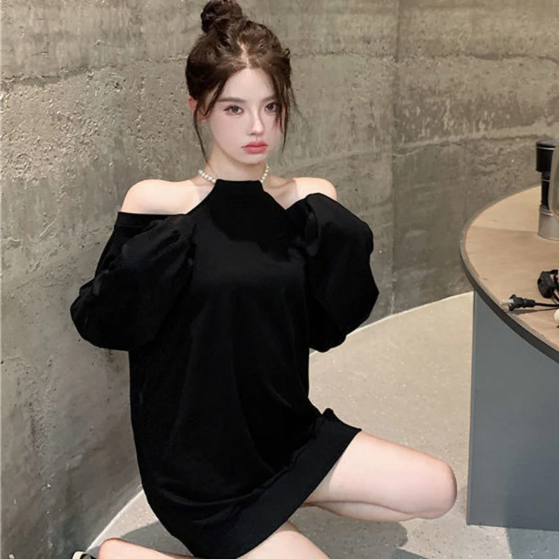 Off Shoulder Sweatshirts Women Halter Loose Temper Spring Harajuku Simple Chic Gentle All-match Korean Style Casual Schoolgirls