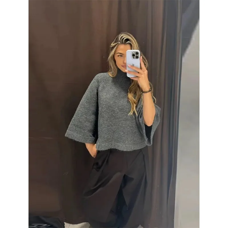 

Женский вязаный свитер с высоким воротом, расклешенными рукавами, свободного кроя, мягкий пуловер, повседневный шикарный укороченный свитер, модный трикотажный топ для ежедневной носки