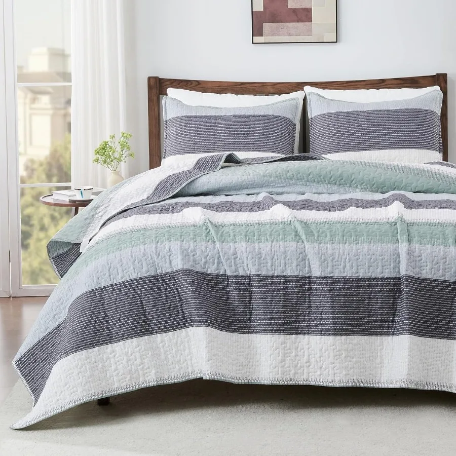 

King Size Quilt Set in Sage Green with Mint Green Accents Ultra Soft and Lightweight Patchwork Striped Quilted Bedding Set for