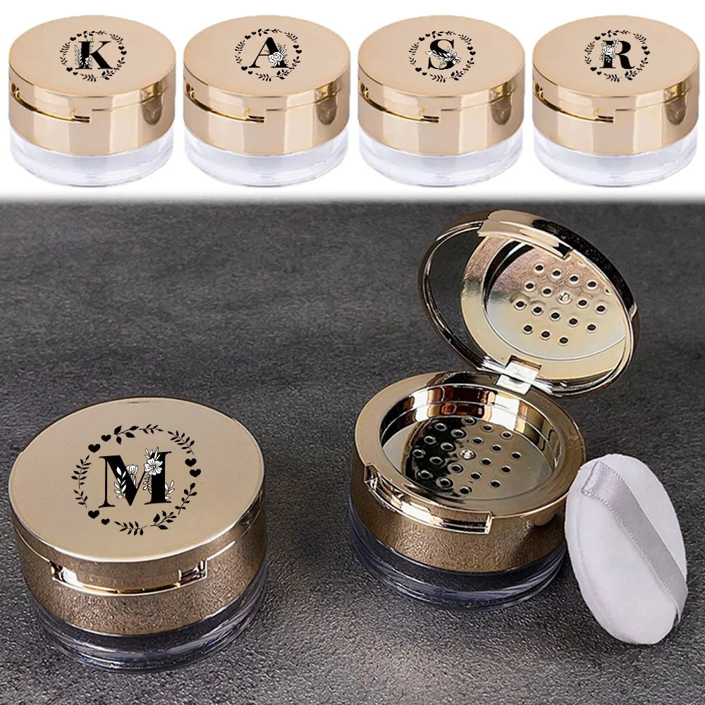 

1pc portable gold loose powder box mirror sieve design travel make-up case with garland letter initial name 26 letters pattern