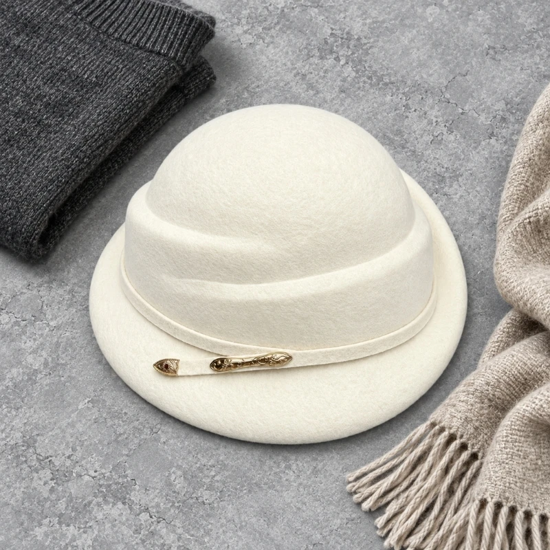 DXAE Fall and Winter Wool Hat with Structured Short-Edge Profile, Inner Adjustment, Matching Hatband and Molded Body