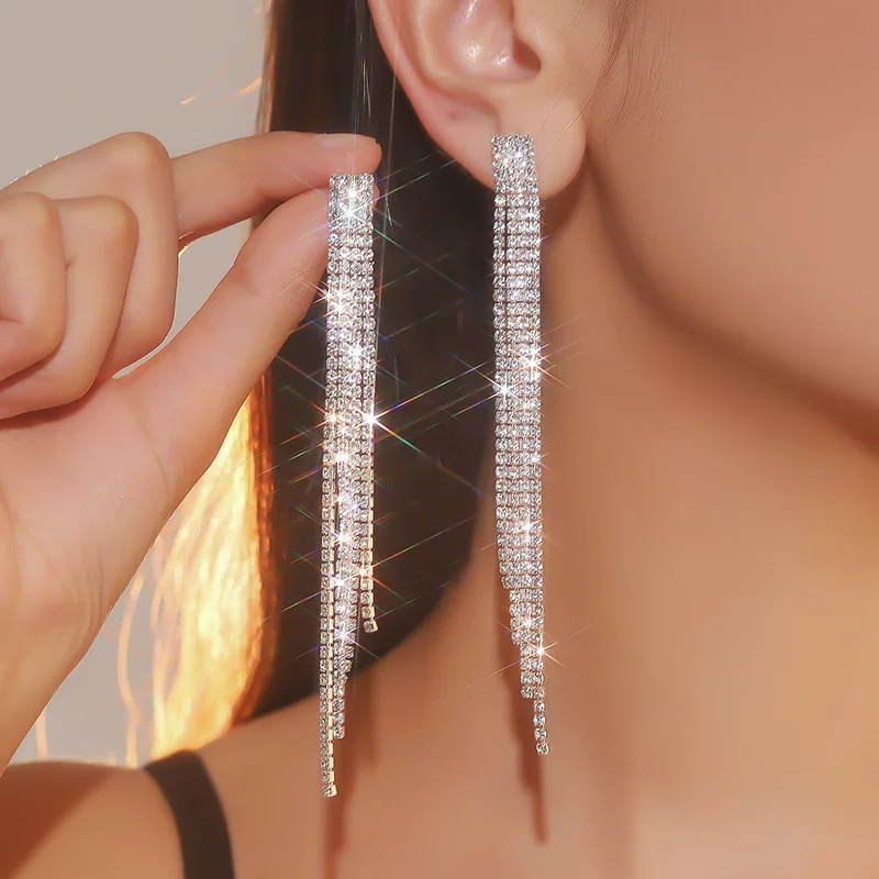 

South Korea New Luxurious Style Rhinestone Earrings for Women Versatile Chain Long Tassel Earrings High-Profile Earrings