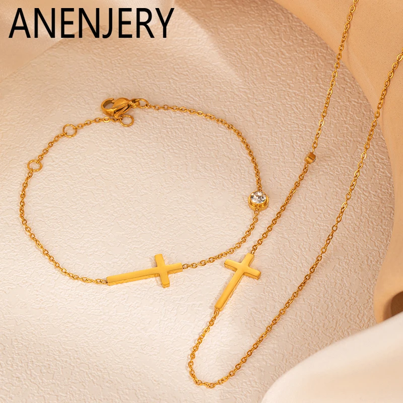 ANENJERY SION L-Collier et bracelet en acier inoxydable pour femme, ensemble de bijoux de niche simple, cadeaux, croix Zfolds, 03/