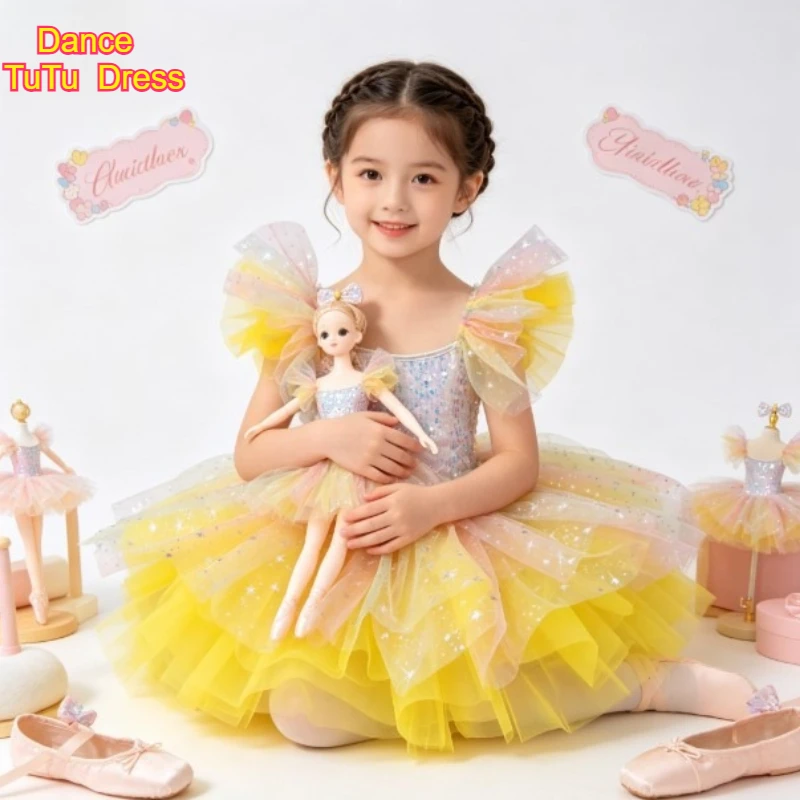 

Ballet Performance Dress Sequined Tulle Tutu Skirt Swan Princess Costume Stage Show Party Dance Wear Fluffy Outfit New Arrival
