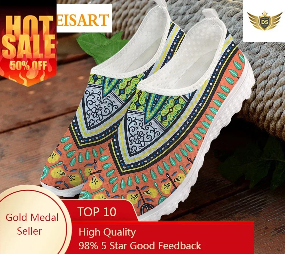 

Summer Women Breathable Mesh Shoes Flat Sneakers African Tribal Floral Print Boho Beach Loafers for Ladies Footwear