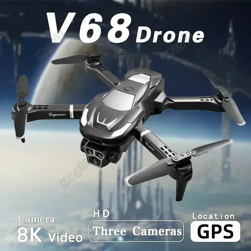 V68 RC 드론 8k 3중 HD 카메라 2.4G 4방향 장애물 회피 항공 촬영 광학 흐름 접이식 쿼드콥터