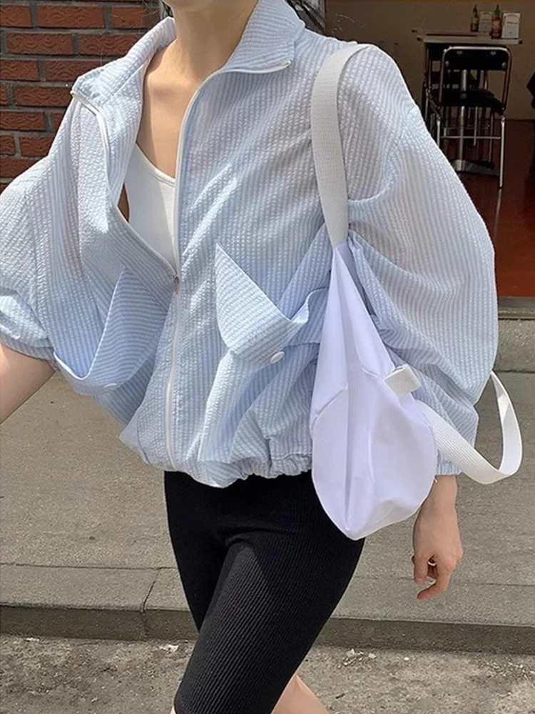 Roupas Casuais de Verão para Mulheres, Novo Casaco t Curto, Solto e Leve, Proteção Solar, Manga Longa com F de Zíper