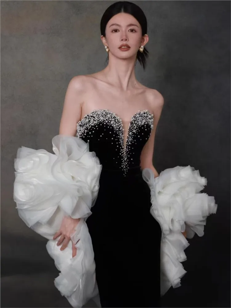 

Black new strapless toasting banquet host dress