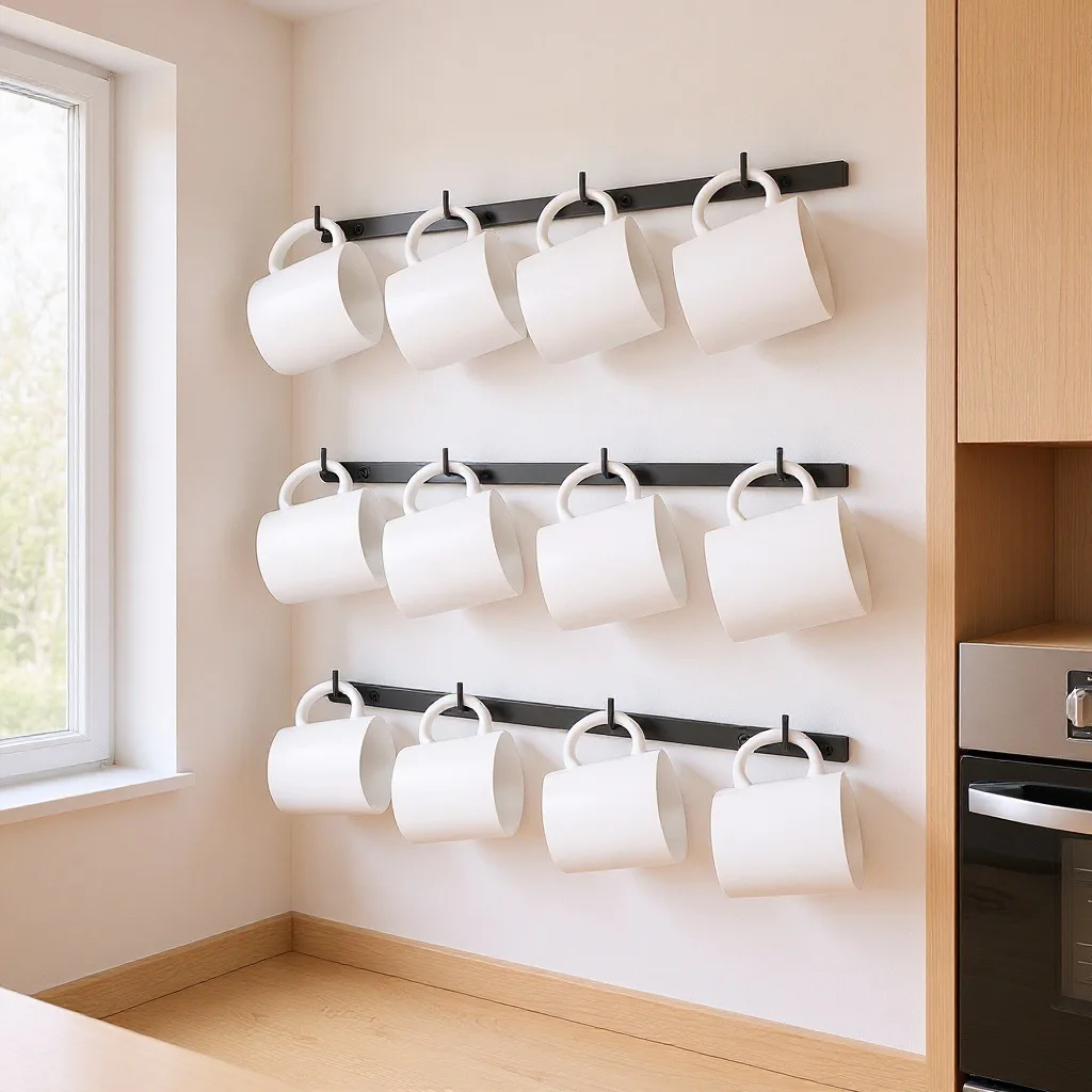 Wall Mounted Mug Rack, Coffee Cup Hanger Holder, Under Cabinet Hooks for Kitchen Mugs Storage Organizer