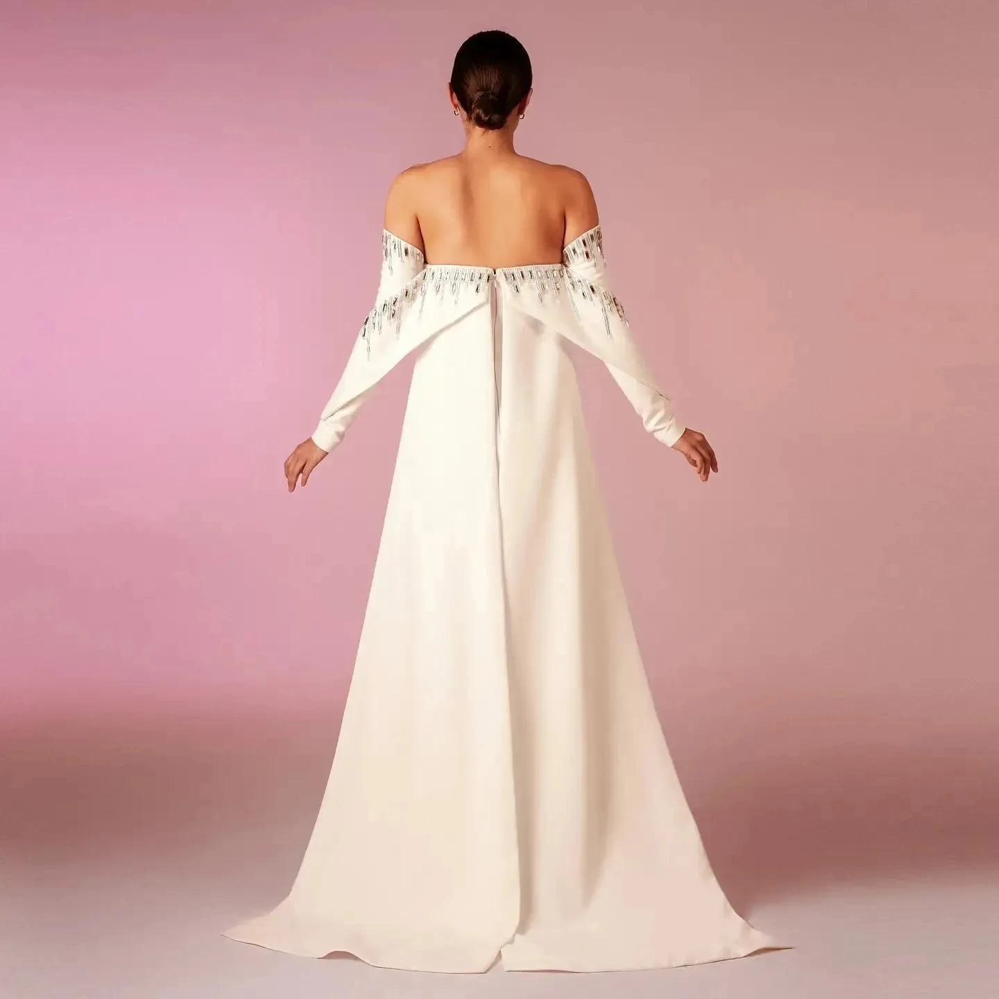 Elegant Beige White Evening Dresses with Cape Long Sleeves Off Shoulder For Arabic Women Wedding Birthday Party Formal Prom Gown