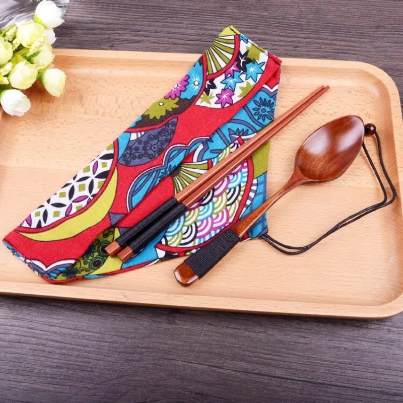 3pcs Set Chopsticks Spoon Cloth Bag Set Chinese Portable Cut