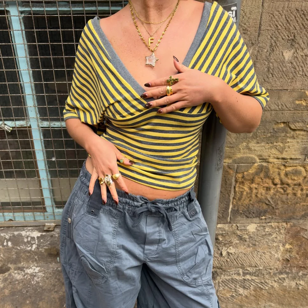 

Ticketsx Vintage V Neck Striped Top Summer Print Contrast Backless Slim Women's T-Shirts Fashion New Female Vacation Commute Top