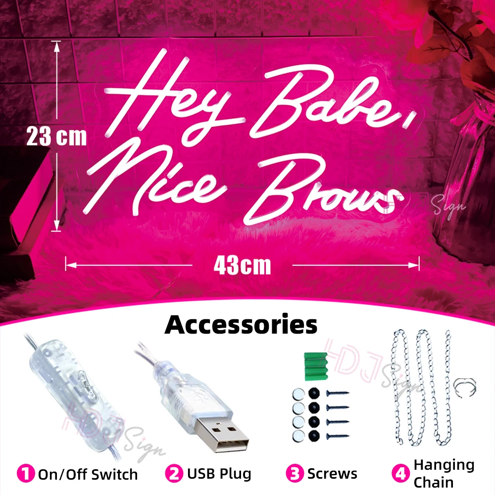 Hey Babe Nice Brows Neon Sign Lights Beauty Room Decoration Wall Art Neon LED Sign Brows Studio Neon Lights Business Signboard