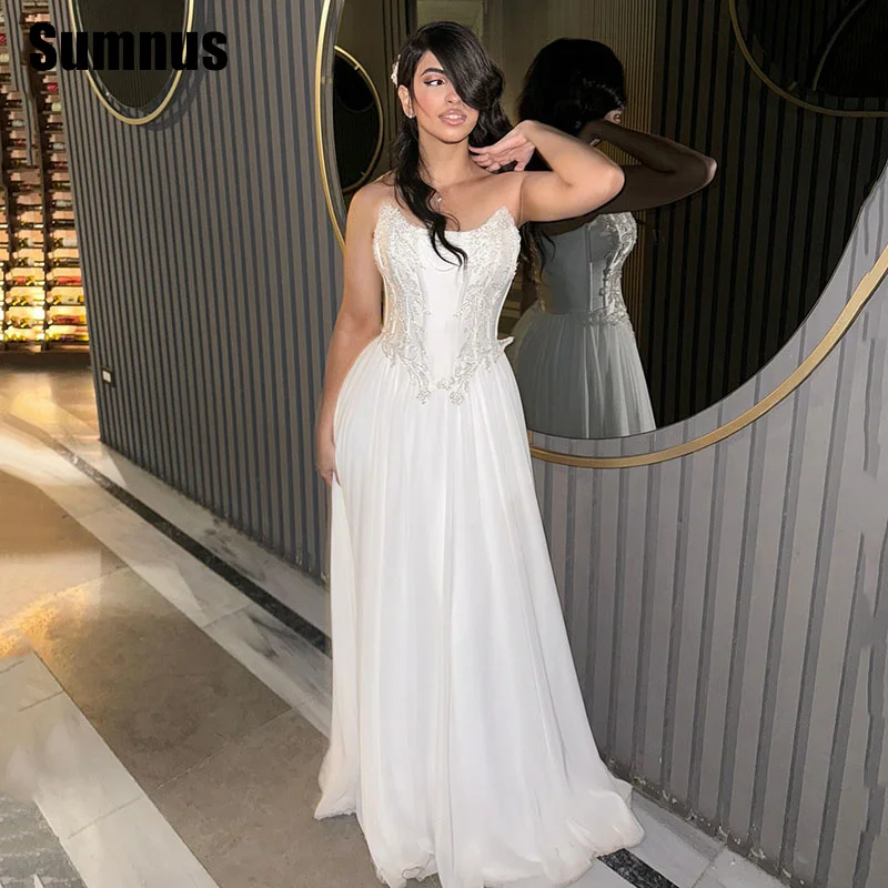 

Sumnus Elegant Straight Prom Dresses Strapless Sleeveless Appliques Floor Length Evening Dress فساتين سهرة Customized