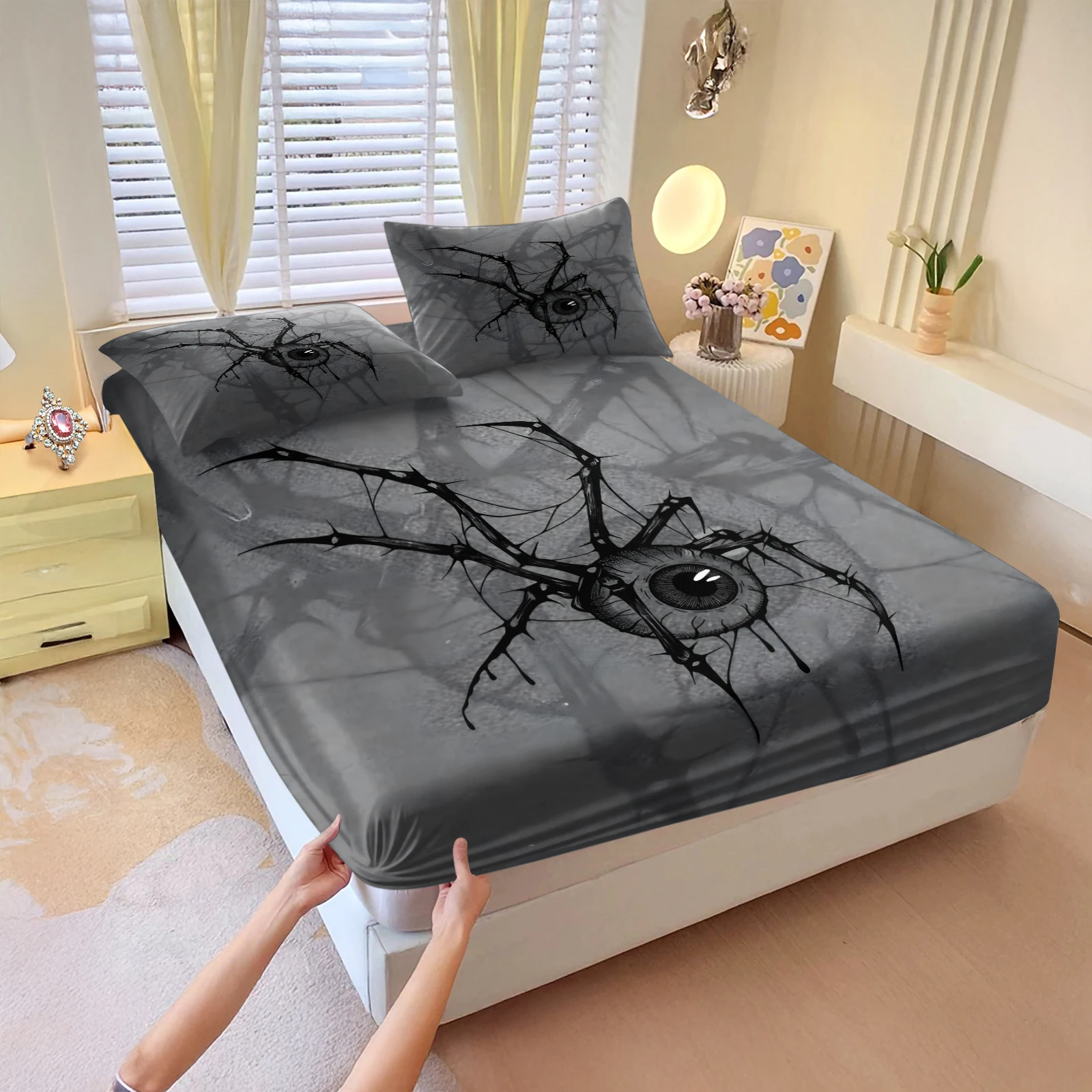 Vintage Grunge Grey Horror Spider Eye Bedding Fitted Sheet 3pcs Creepy Gothic Eyeball Spiderweb Graphic Elastic Mattress Cover