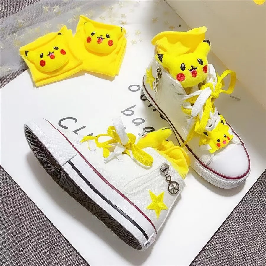 Spring Autumn New Pikachu branded High Top Canvas Shoes Parent Child Shoes Small Large Children\'s Korean Embroidered Board Shoes