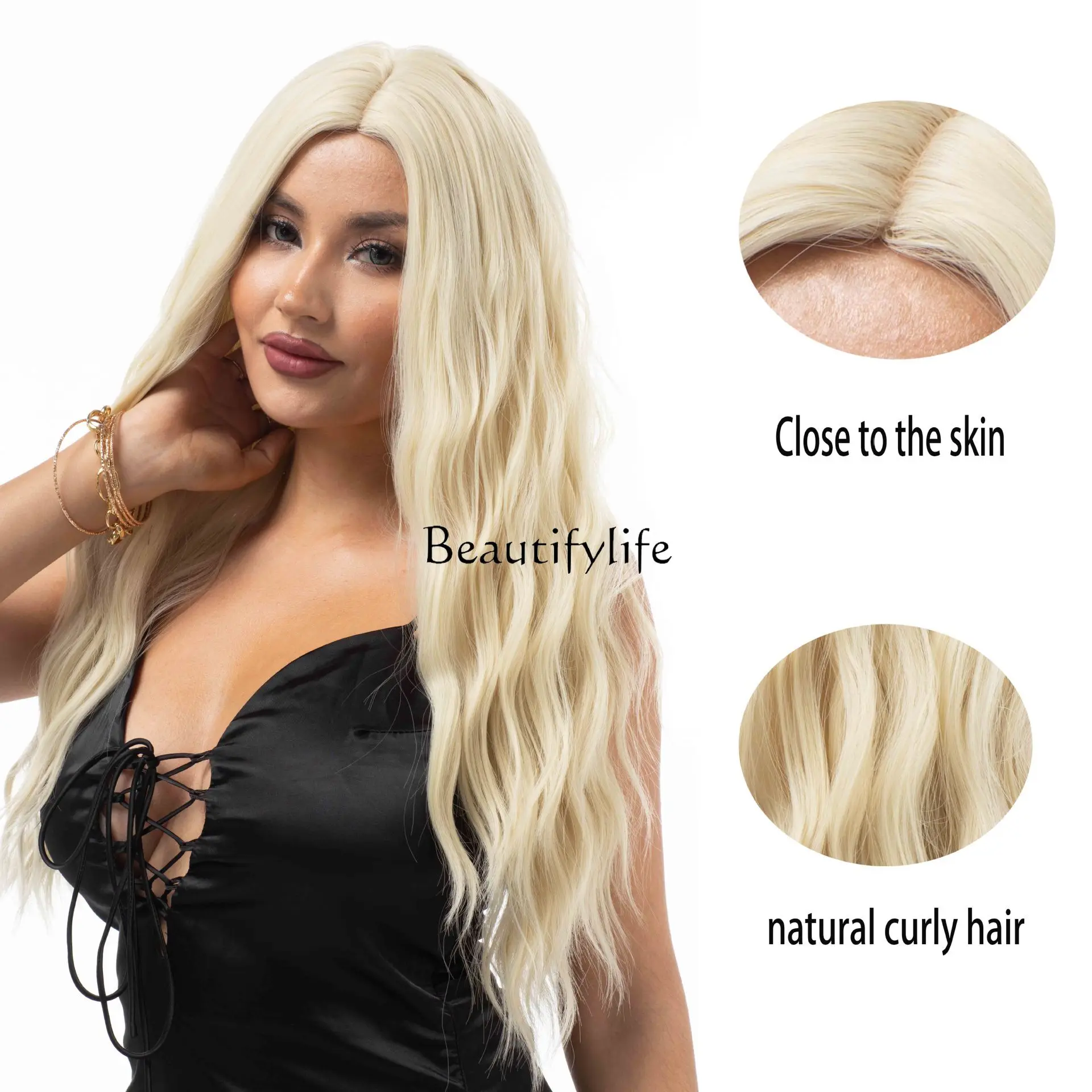 wig, long hair, medium beige temperament, small curly hair, full head cover.