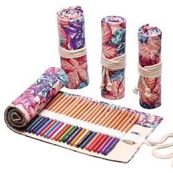Flower Print Pencil Case Stationery Bag Colorful Canvas Cloth Pencil Storage Pouch Student School Supplies 12/24/36/48/72 Hole