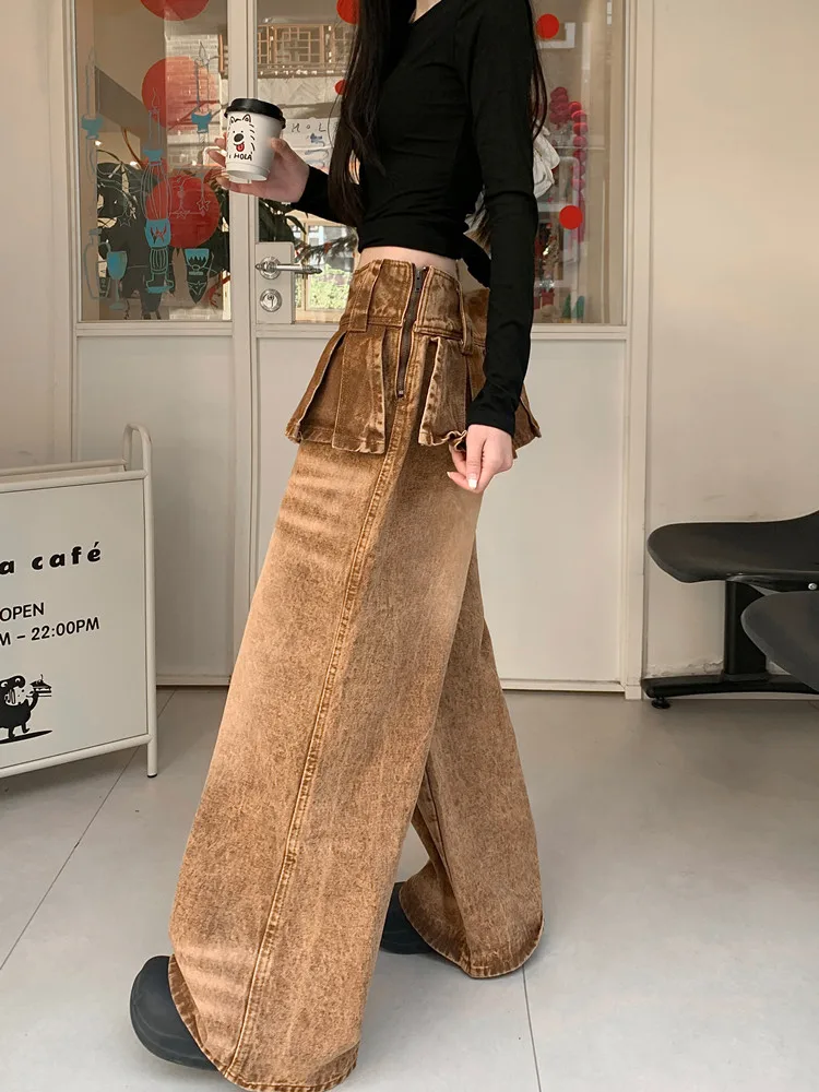 2026 Cyber Y2K Streetwear Vintage Braune Baggy Stacked Jeans für Damen – Weite Bein Denim-Hose Pantalon Femme – Detail 13