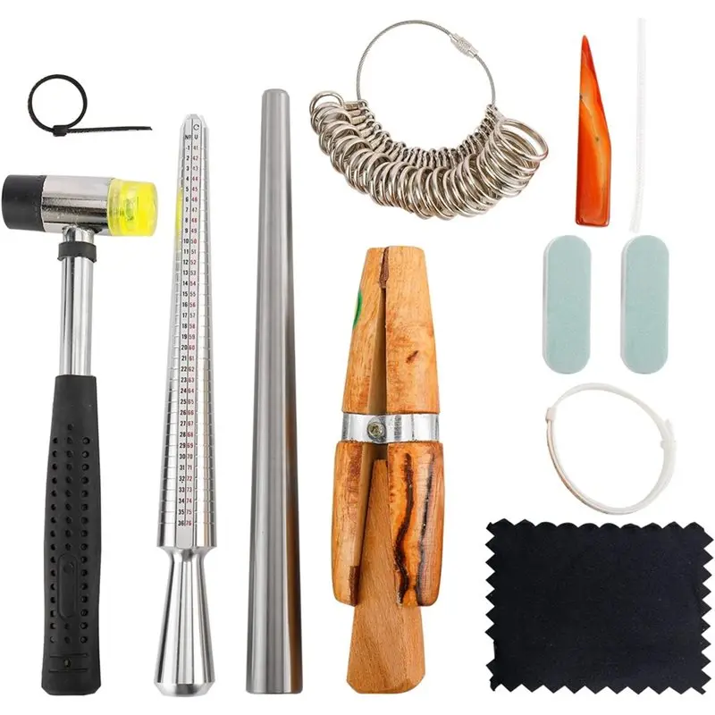 

AT63-резиновый молоток, пластиковый кольцевой измеритель размеров, кольцевые оправки (12 шт.), набор инструментов для измерения размеров кольца, зажим для деревянного кольца