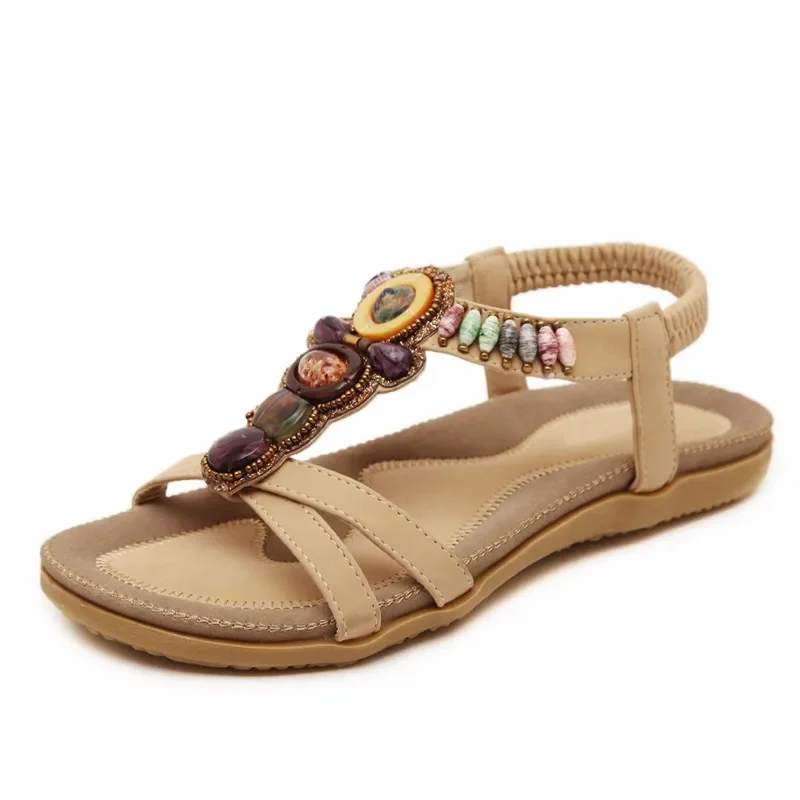 MVVJKE Bohemian Women Sandals Gemstone Beaded Slippers Summer Beach Sandals Women Flip Flops Ladies Flat Shoes