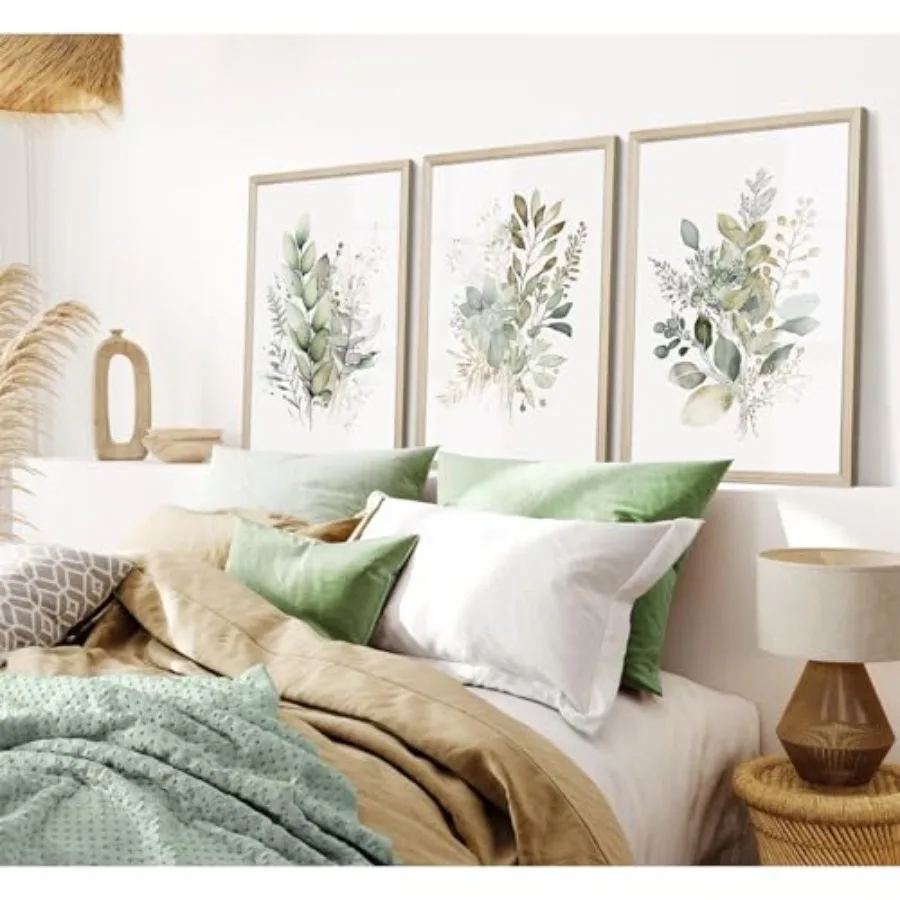 Boho floral wall art set of 3 for bedroom bathroom: sage green watercolor botanical prints on canvas, wood framed, 16x24 inch, - view 4