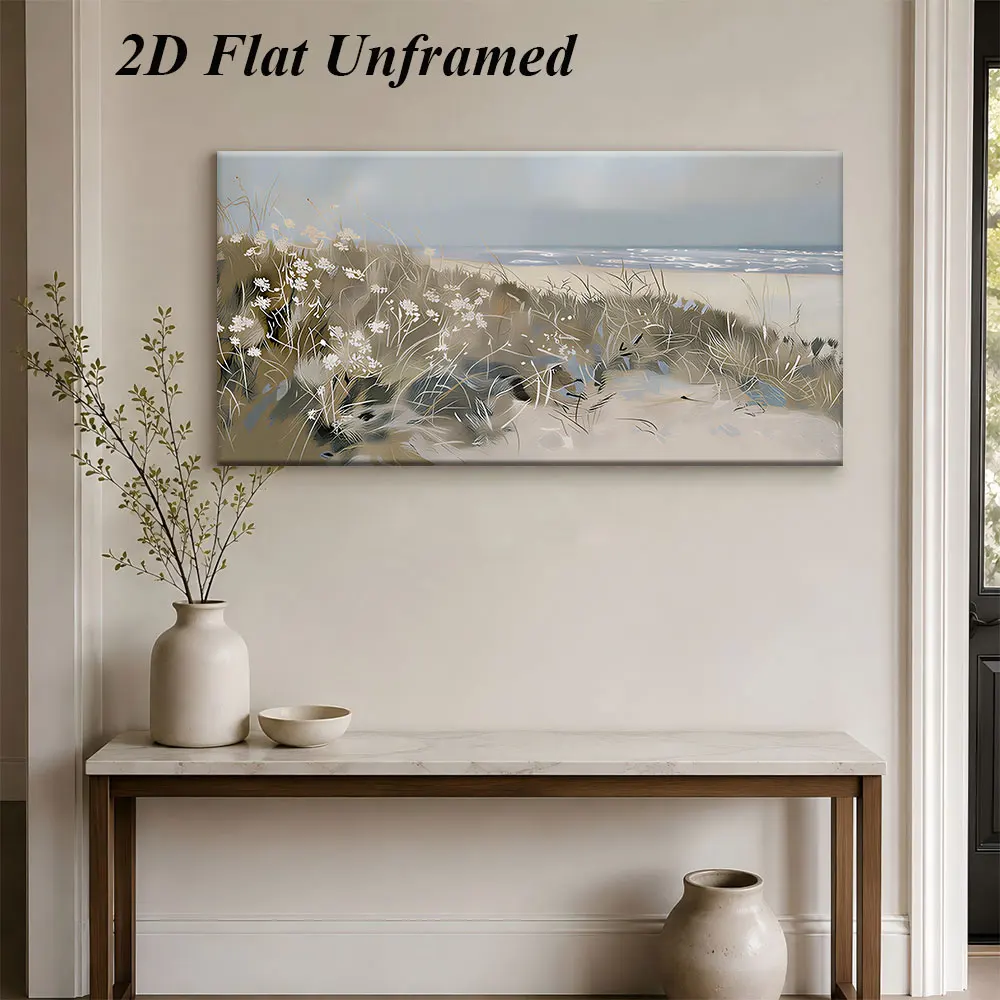 1 piece of frameless decorative painting of seaside meadow scenery, modern, simple, natural, peaceful atmosphere, 2D plan