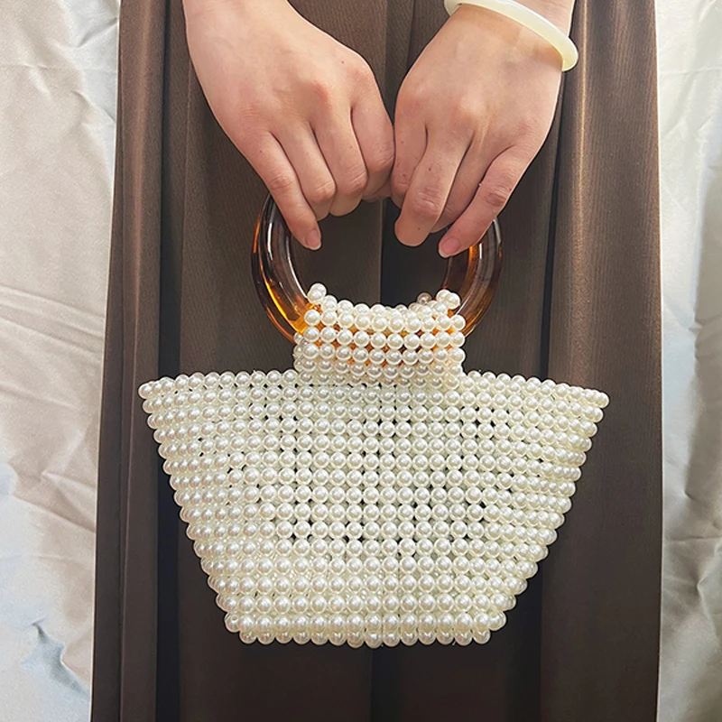 حقيبة يد من الخيزران ذات حلقة مزدوجة مصنوعة يدويًا من نسيج اللؤلؤ المقلد وحقيبة حفلات العشاء