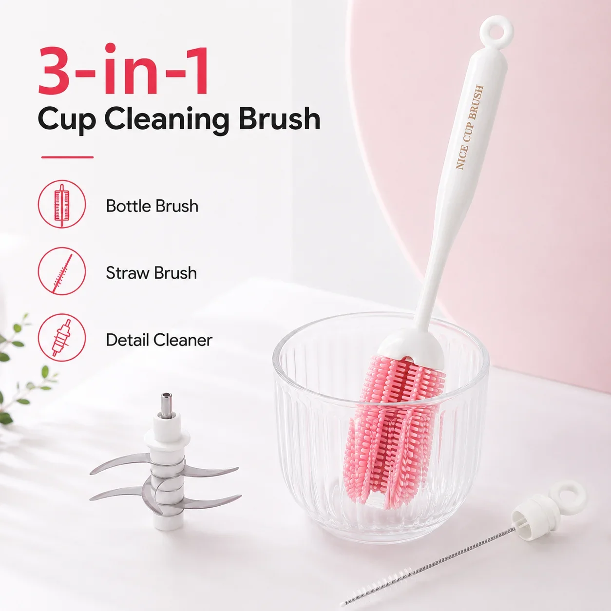 Cup Brush Silicone Bristle Bottle Cleaner Long Handle with Hidden Straw Brush for Tumbler Glass Mug Water Bottle Kitchen