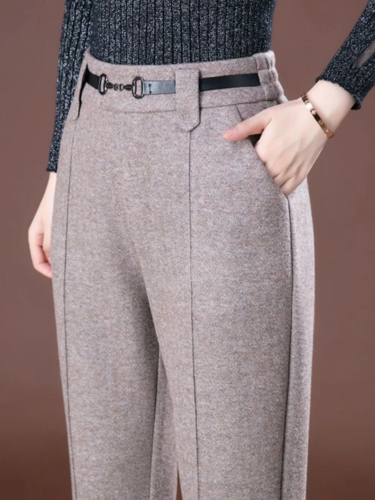 Autumn Winter Thickened Stylish Slimming Woolen Straight Leg Pants Casual Trousers for Middle-Aged Women High Waist Long Pants