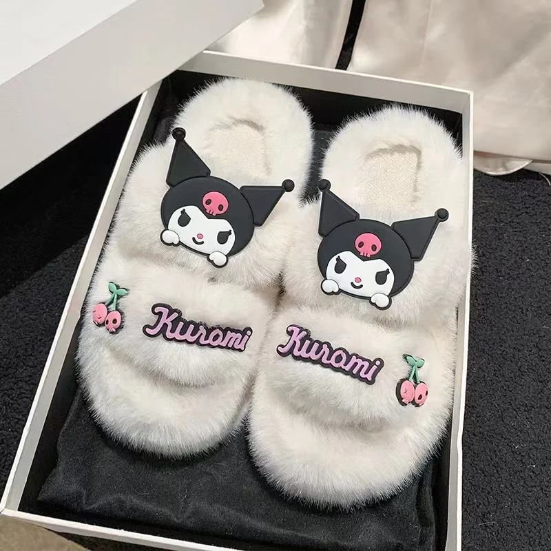 Sanrio Kuromi Plush Shoes Women Outdoor New Thick Sole Fuzzy Slippers Anti Slip Y2k Female Cartoon Korean Style Fashion Slippers