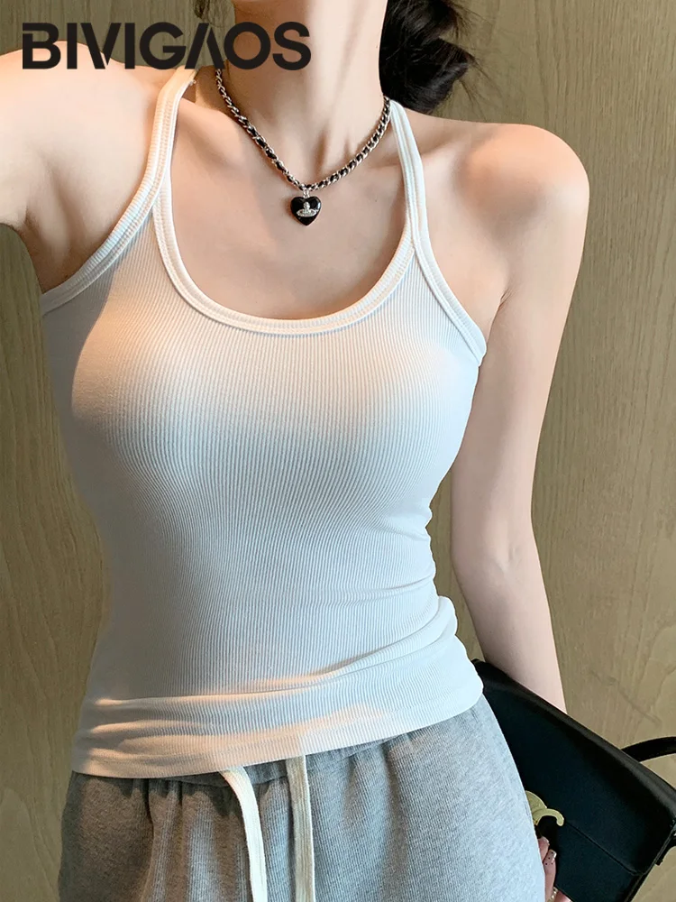 BIVIGAOS Summer New Hot Girls Vest Women Camisole Sexy Beautiful Back Tank Top Slim Skinny Elastic Top Underwear Thin Straps