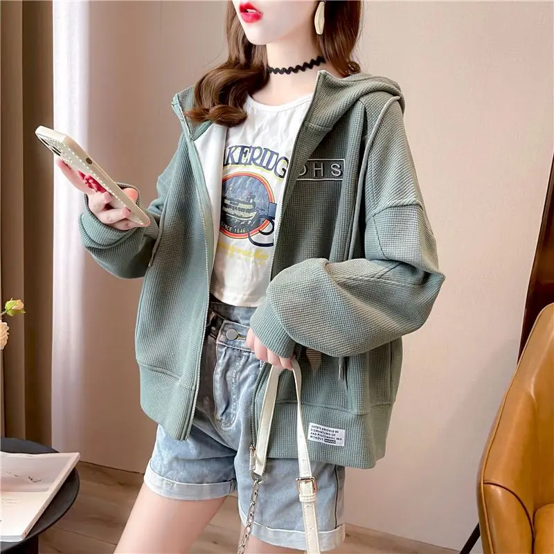 Waffle Short Hoodies Women Spring Autumn Trendy Thin Cardigan Hoodie Korean Style Loose Chic Sports Hooded Coats Casual Jackets