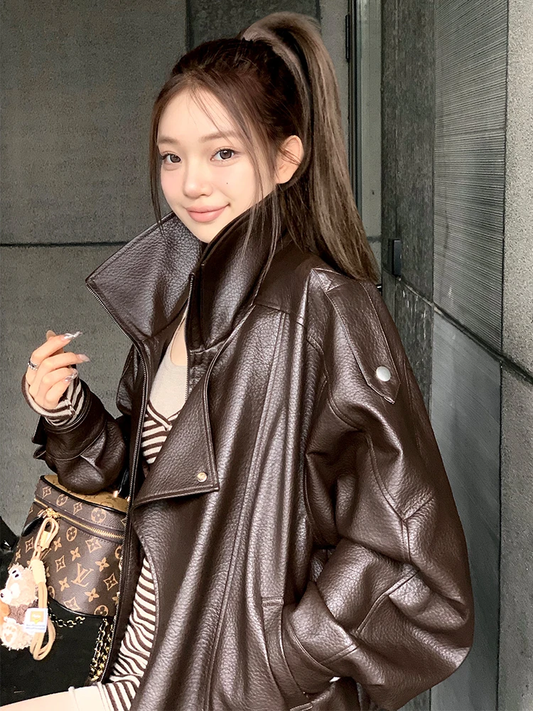 Vintage kurtka motocyklowa z motywem małpy, skórzana, damska, z kołnierzem, młodzieżowa, wykonana z PU, nie dostępna w sklepach.