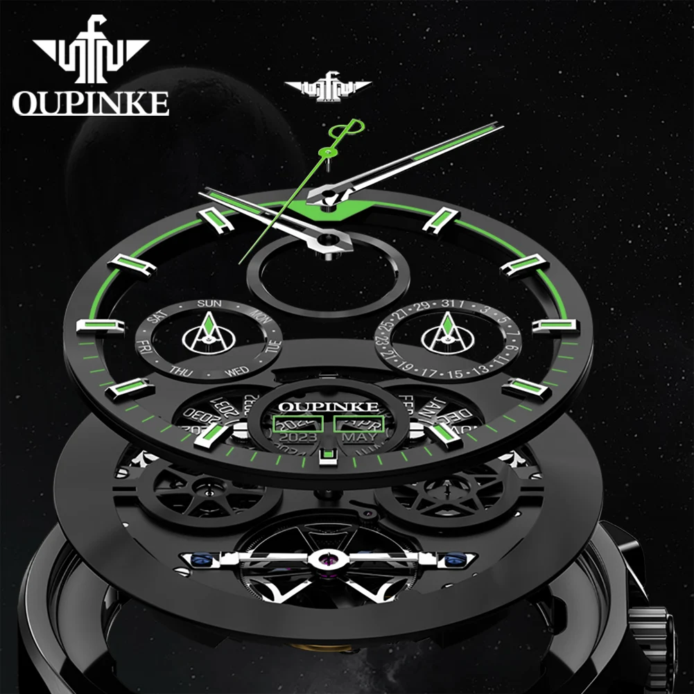 OUPINKE 3235 Automatic Mechanical Watches for Men Black Skeleton Flywheel Multi-function Stainless Steel Luxury Men's Wristwatch