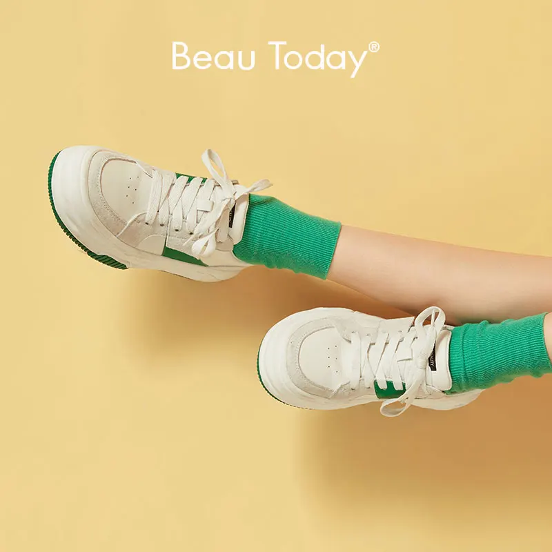 BeauToday Platform Sneakers Women Leather Patchwork Design Round Toe Lace-up Closure Sole Ladies Waffle Shoes Handmade A29161