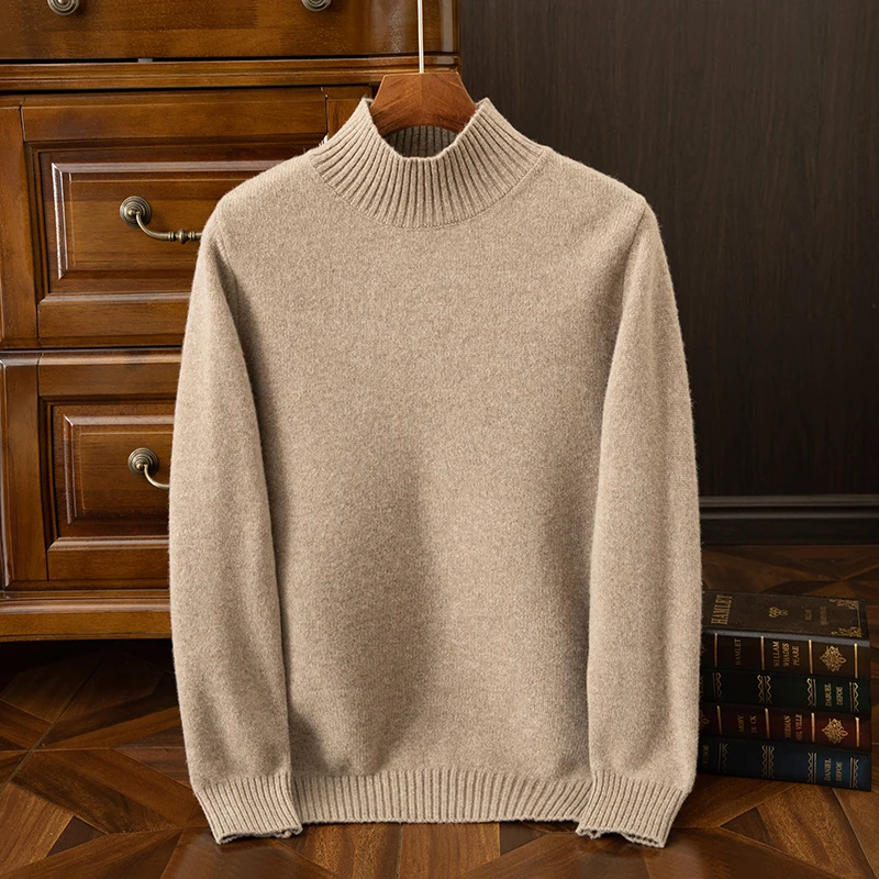 100% Merino Wool Autumn Winter Men's Classic Business Round-Neck Sweater Versatile Casual Half-High Thick Warm Top Knitwear