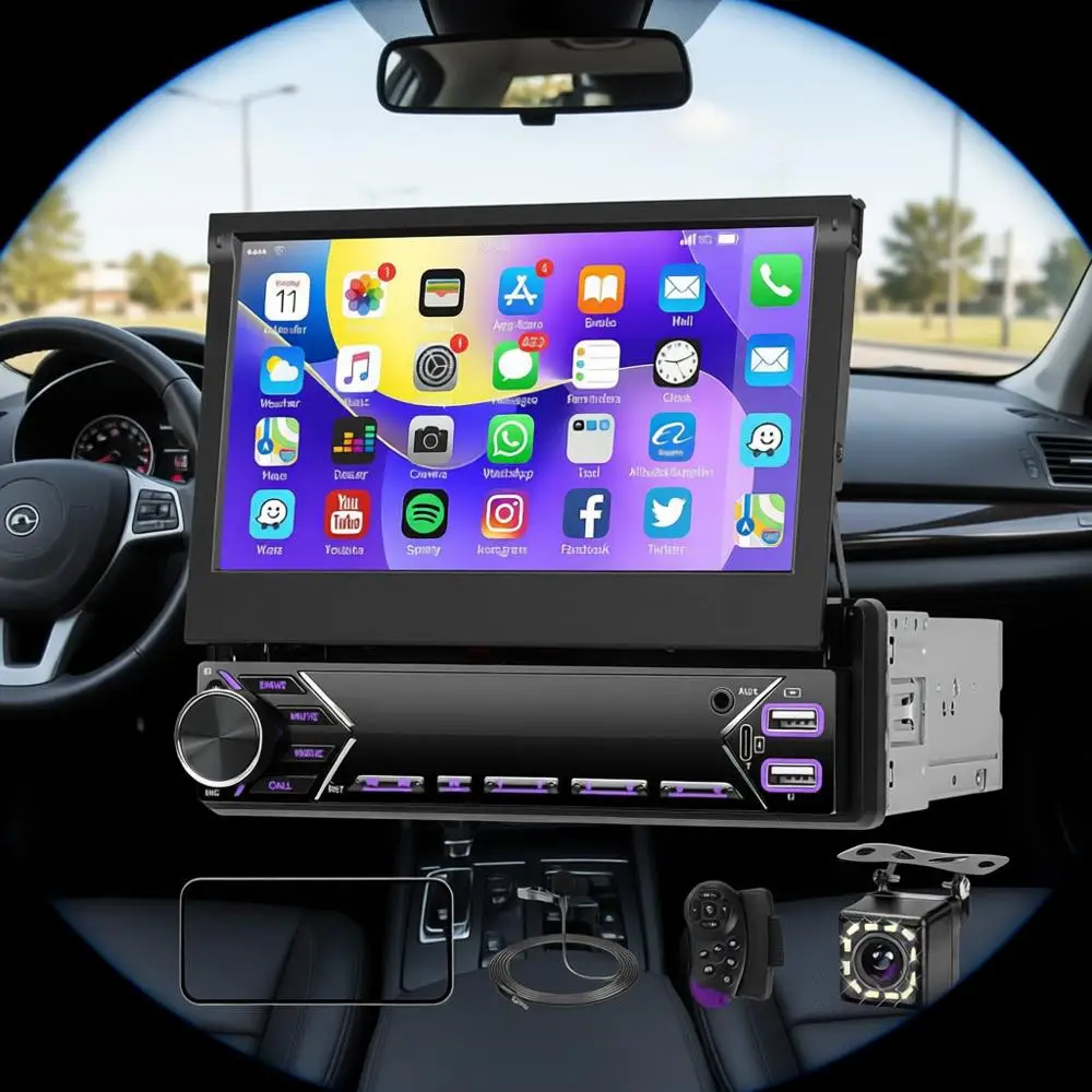 

7-дюймовая выдвижная сенсорная автомагнитола с Bluetooth, Mirror Link/M/EQ, USB/Type-C/AUX, SWC, MP5-плеер для автомобиля